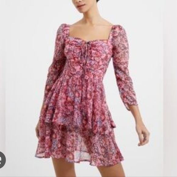 NWT French Connection Fotini Hallie Floral Ruffle Tiered Mini Dress Sea Pink 4 - Picture 1 of 13